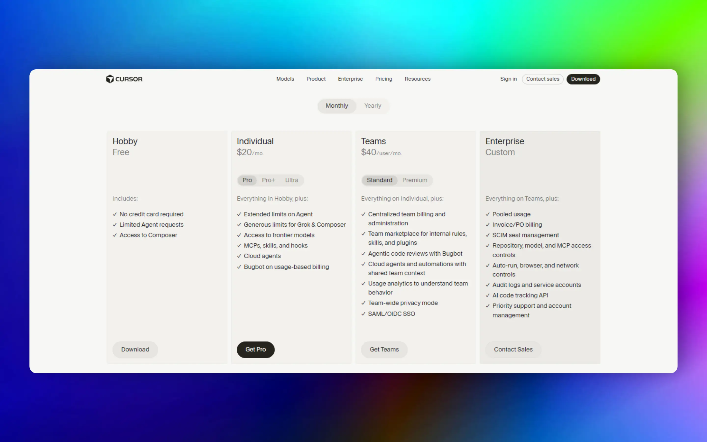 Official Cursor pricing page showing Hobby, Pro, Pro+, Ultra, Team and Enterprise subscription plans