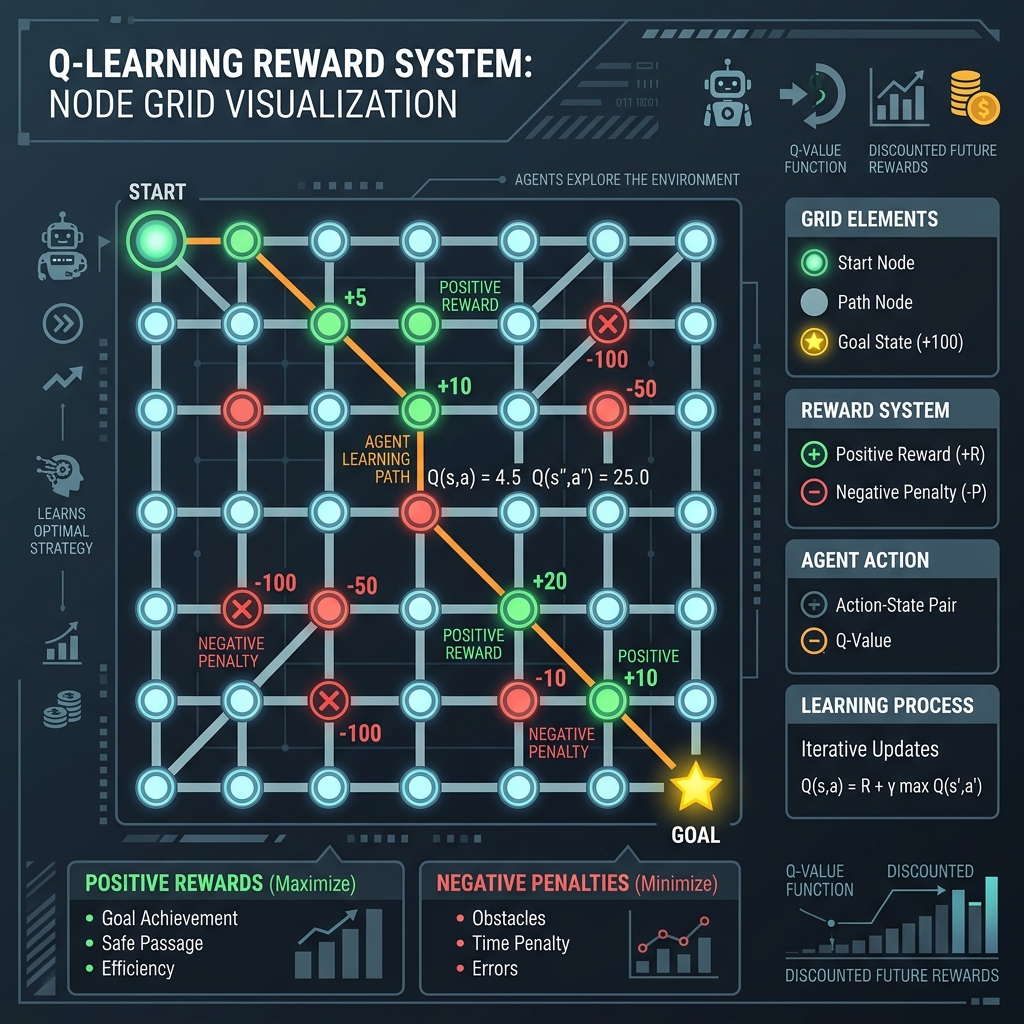 Illustration showing positive rewards and penalties in a reinforcement learning environment.